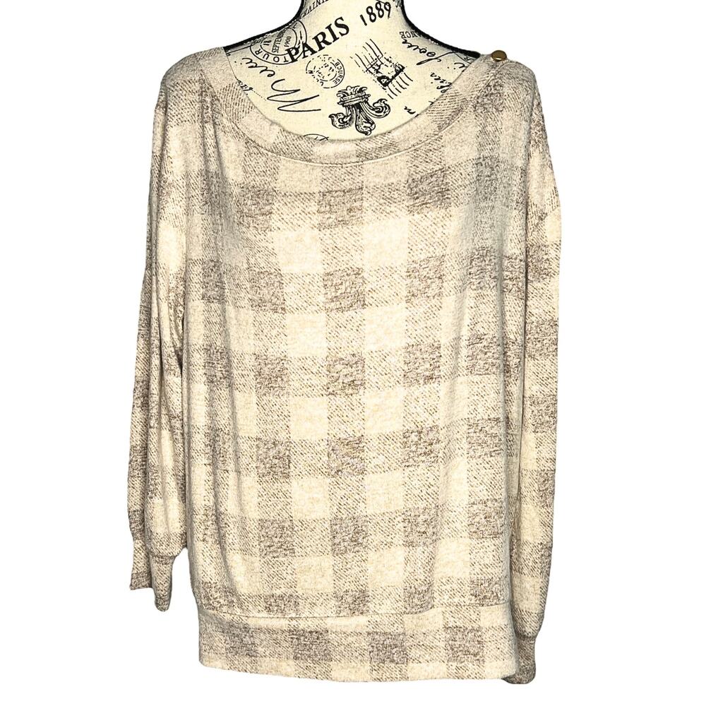 Maurices (M) Cozy Relaxed Plaid Button Long Sleeve Dolman Boat Neckline Tee